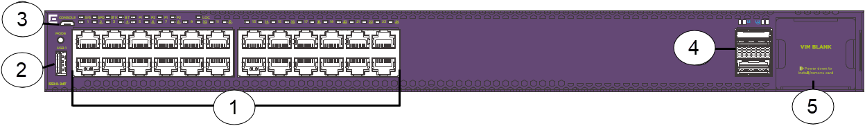 Front panel view of 5520-24T switch showing fixed ports, USB port, LEDs, and VIM slot. Front panel view of 5520-24T switch showing fixed ports, USB port, LEDs, and VIM slot.